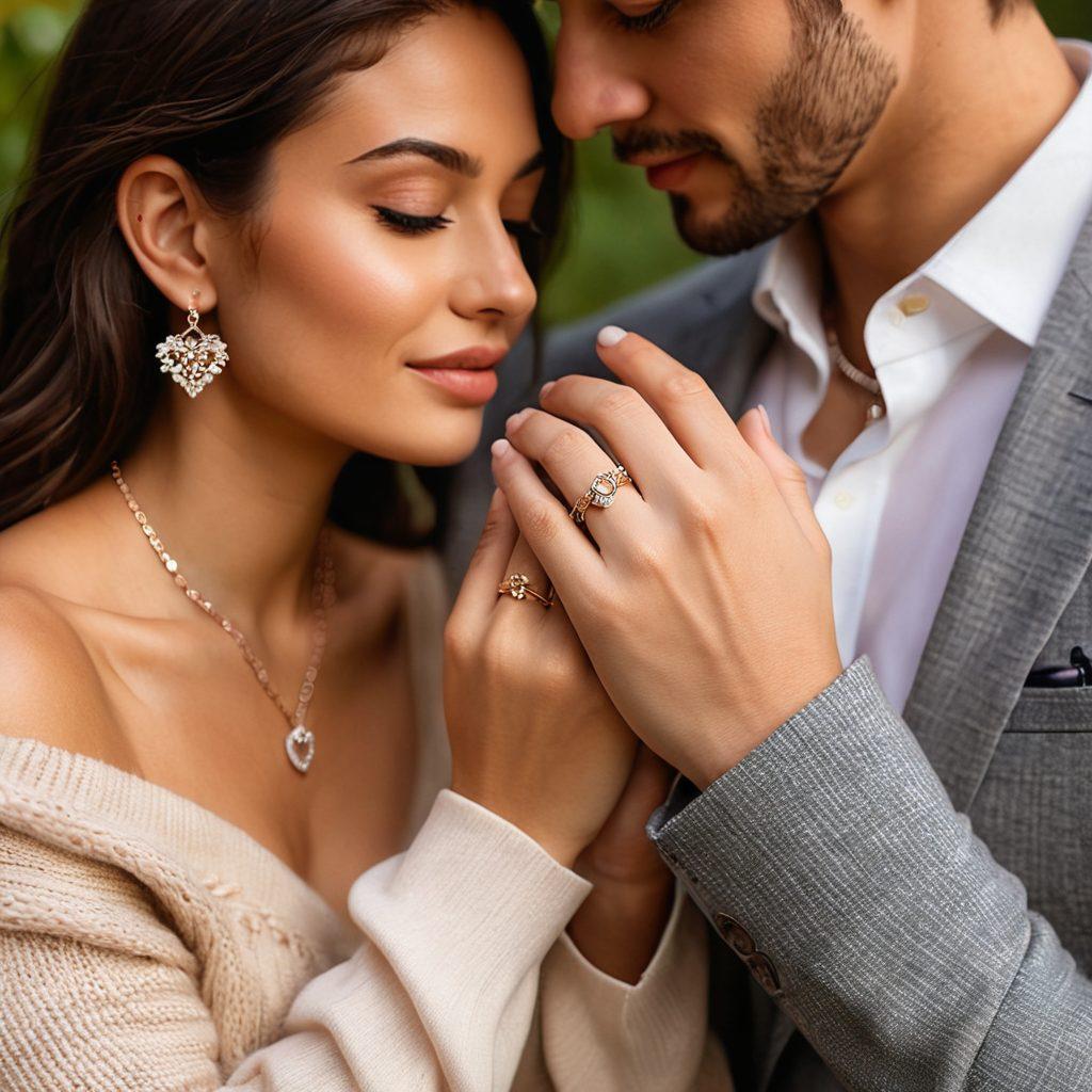 A romantic setting showcasing diverse couples wearing stylish and budget-friendly jewelry, featuring rings and necklaces with symbolic designs. The backdrop should portray a cozy, intimate atmosphere with soft lighting and hints of nature. Include elements like intertwined hands and heart shapes to signify connection and love. The jewelry should be vibrant and eye-catching, emphasizing affordability and style. super-realistic. soft colors. cozy ambiance.