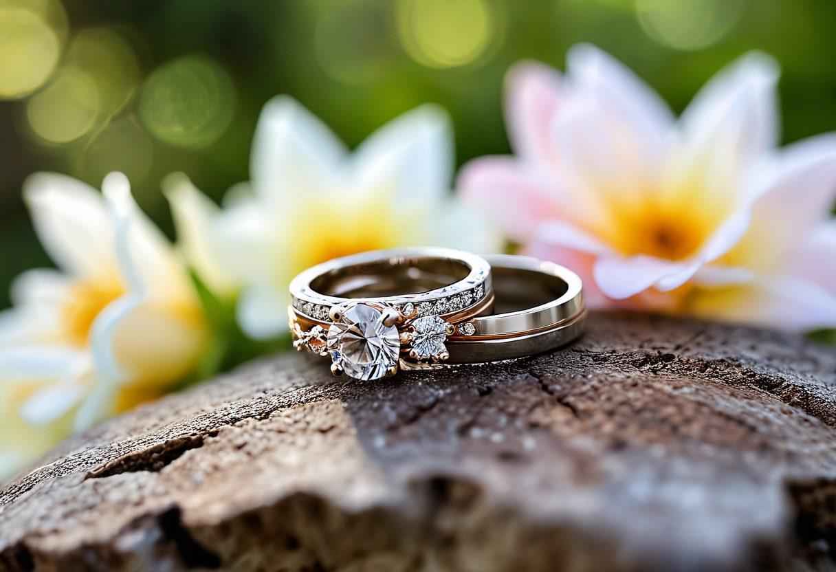 A romantic scene featuring a beautifully arranged display of elegant, budget-friendly rings set against a soft, blurred background of a serene outdoor setting. The rings vary in styles and materials, showcasing intricate designs that symbolize different love stories, adorned with delicate flowers and subtle lighting. Include a couple softly holding hands in the background to enhance the theme of connection and love. soft focus, warm tones, elegant style, dreamy atmosphere.